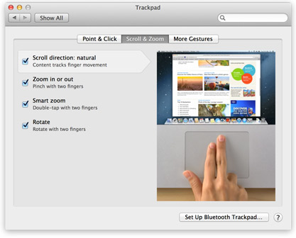 Painel de preferências do trackpad no Mac OS X